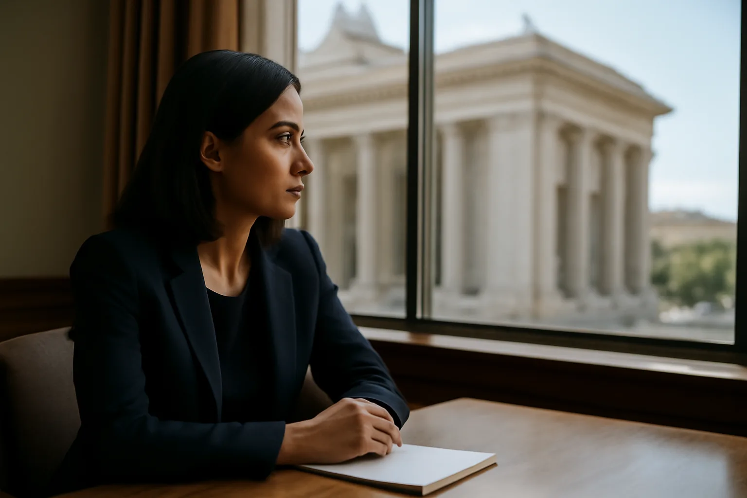 Interpreter in a California court consultation room with court building visible outside