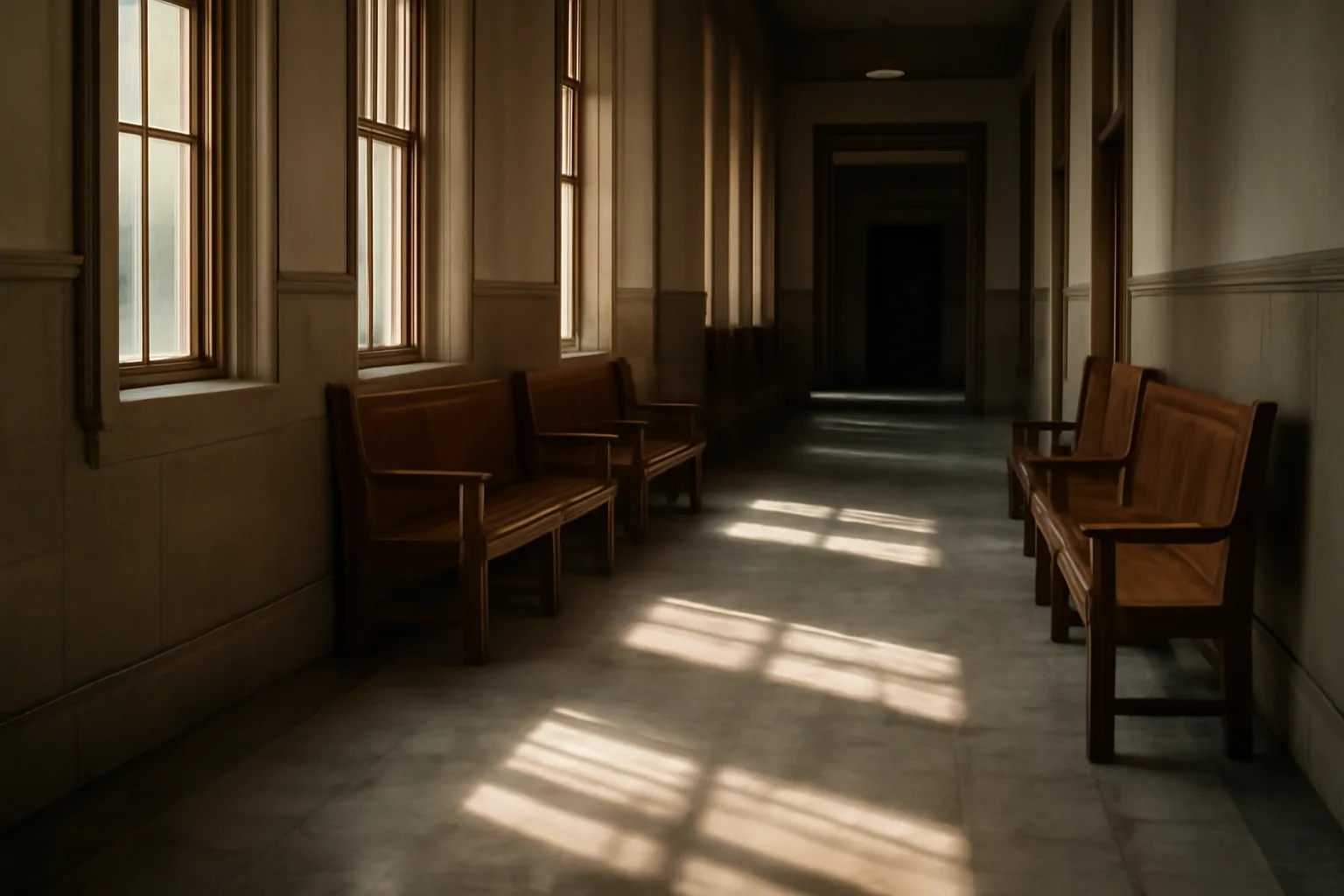 Empty Alabama courthouse hallway with wooden benches and morning window light