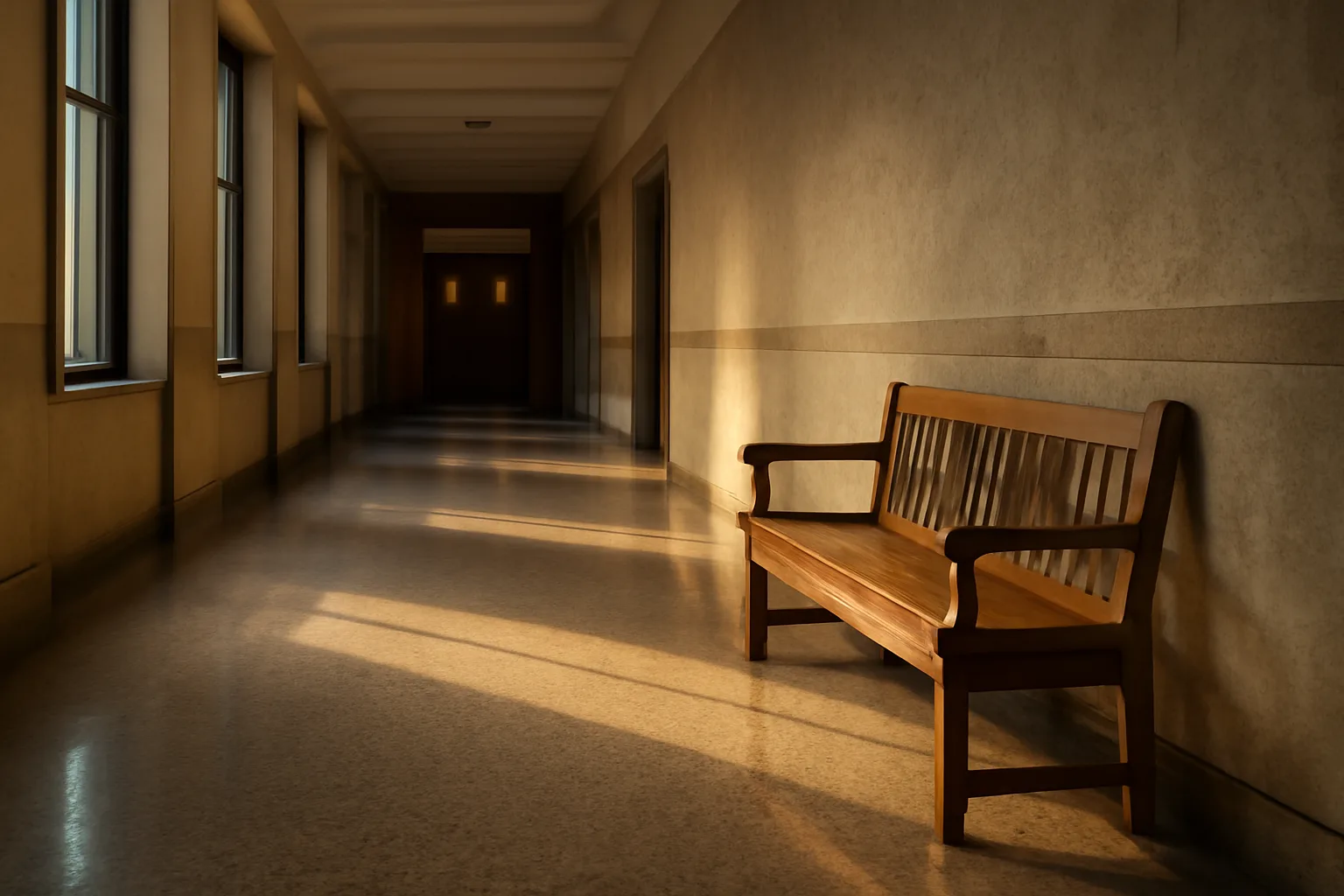 Empty courthouse hallway in Phoenix with warm afternoon light on terrazzo floors and a wooden bench