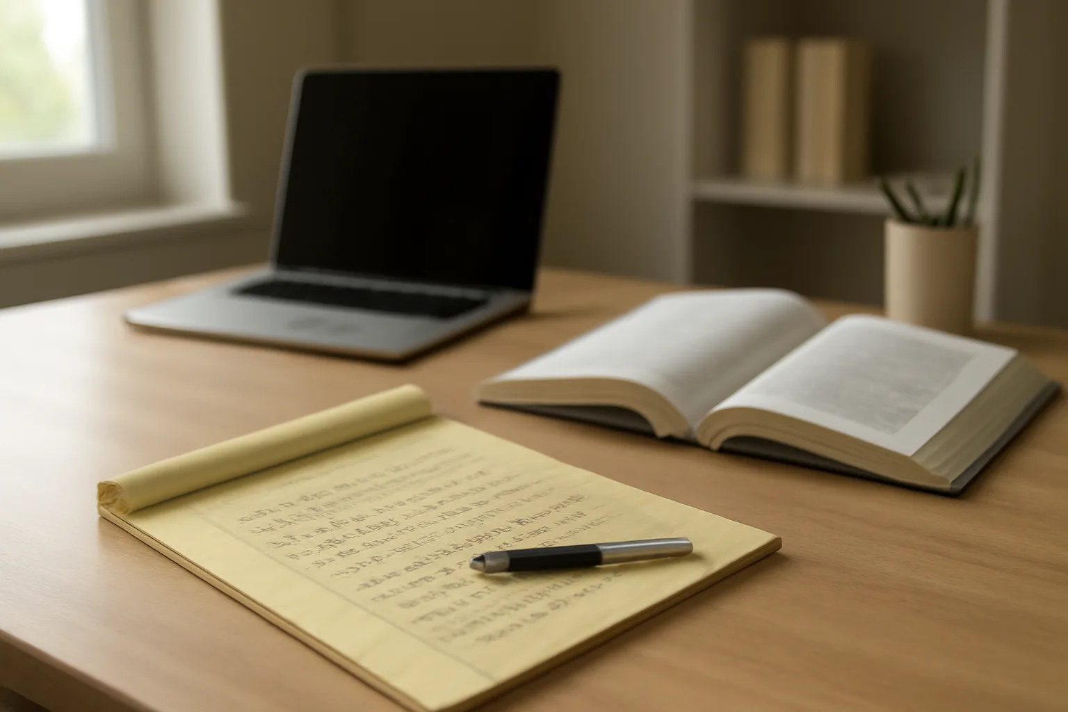 Home office desk with interpreter workbook and notes about Arkansas court interpreting renewal