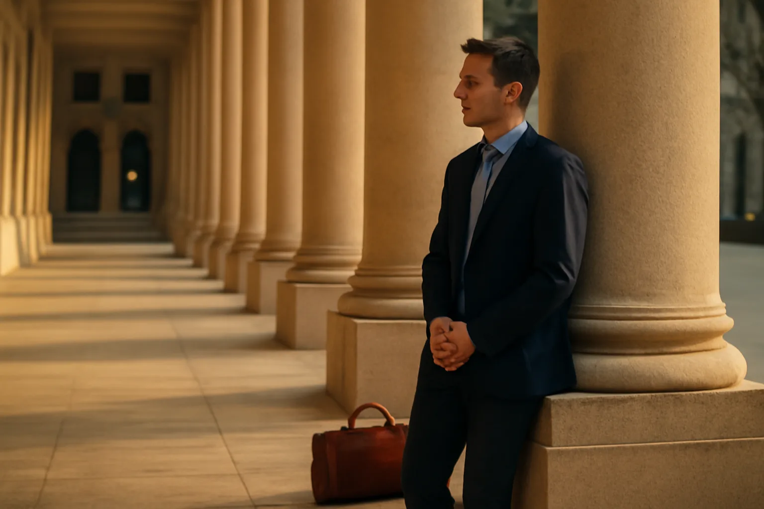 Person waiting outside a sunlit Sacramento courthouse before interpreting