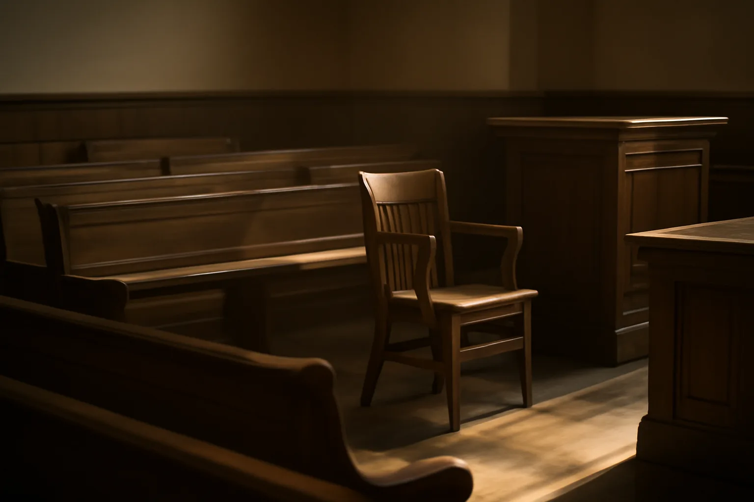 Sunlit empty Florida courtroom chairs during court interpreter renewal season