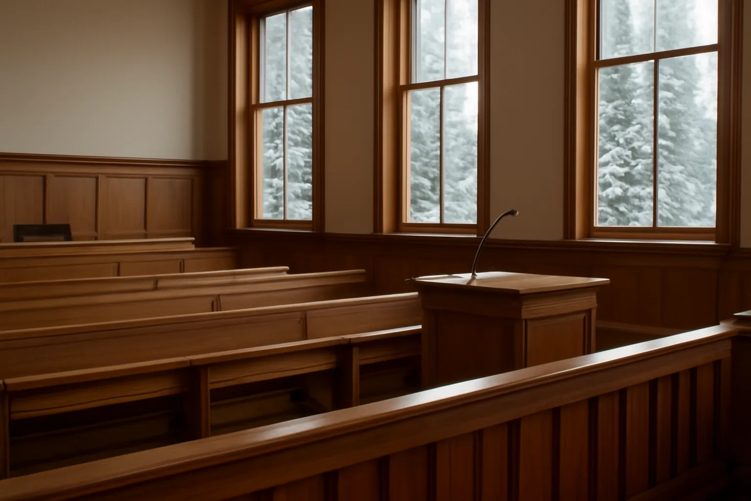 Empty Alaska courtroom with wooden benches and snow-covered trees visible through tall windows