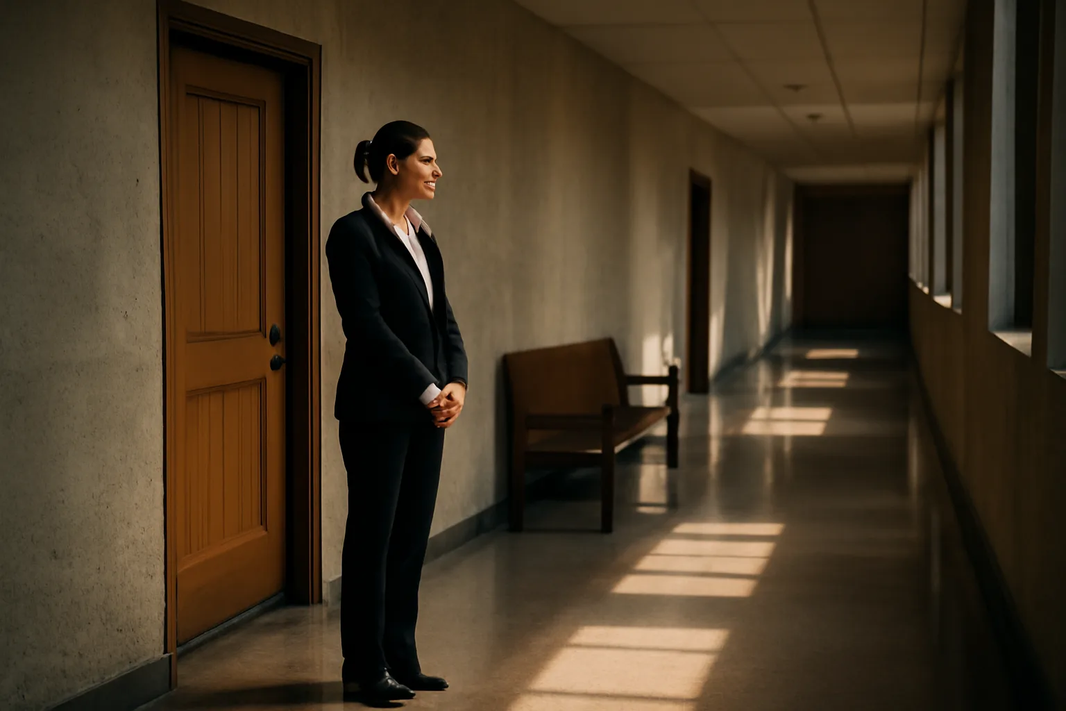 Arizona courthouse hallway with a person waiting near a wooden courtroom door