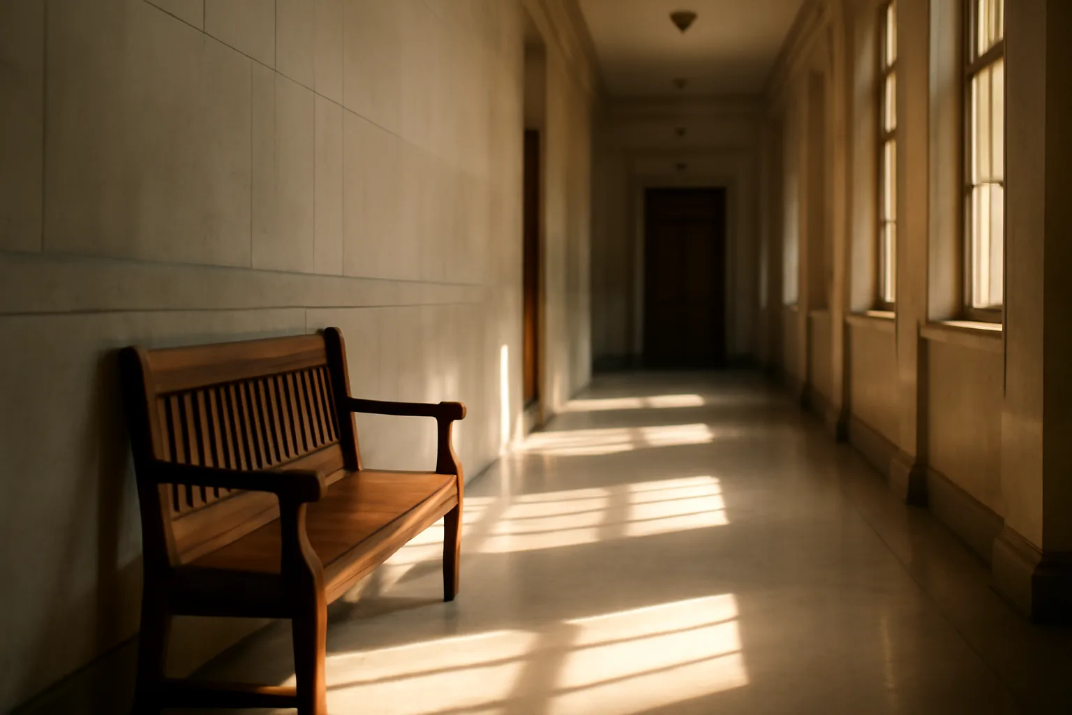 Empty Alabama courthouse hallway with wooden bench and morning sunlight