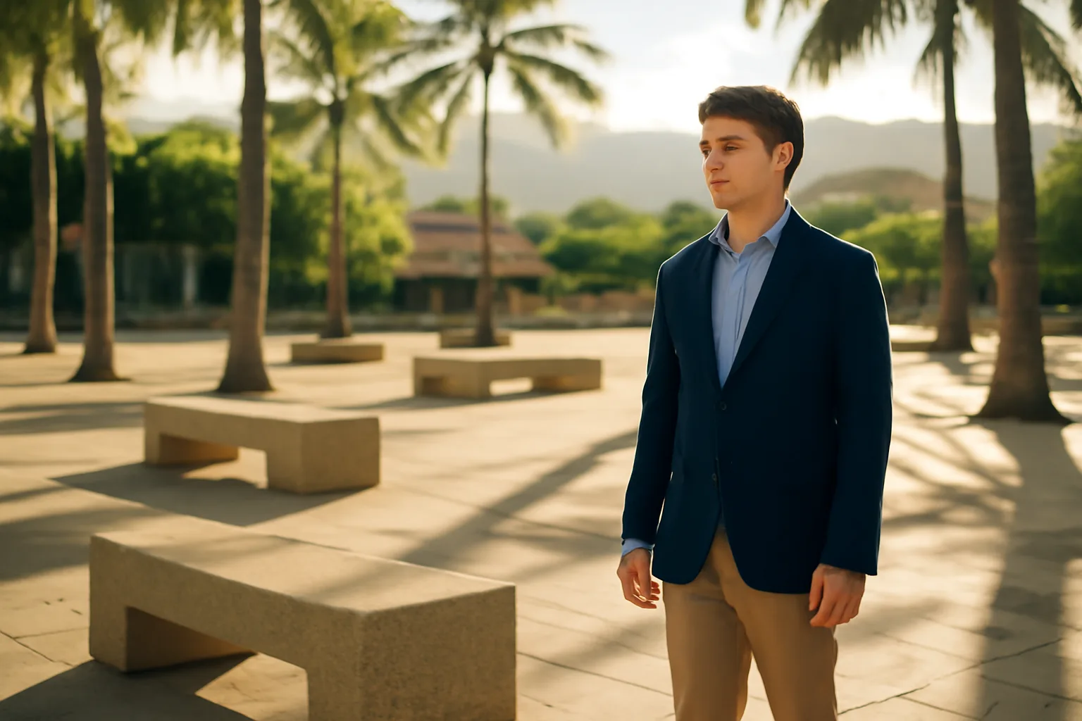 Person standing in a Honolulu plaza before court interpreter work