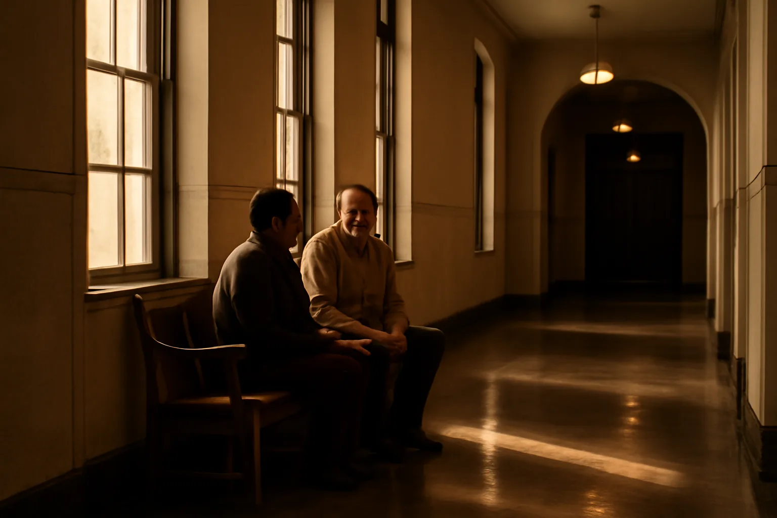 Courthouse hallway in Alabama with natural light and two people seated on a bench