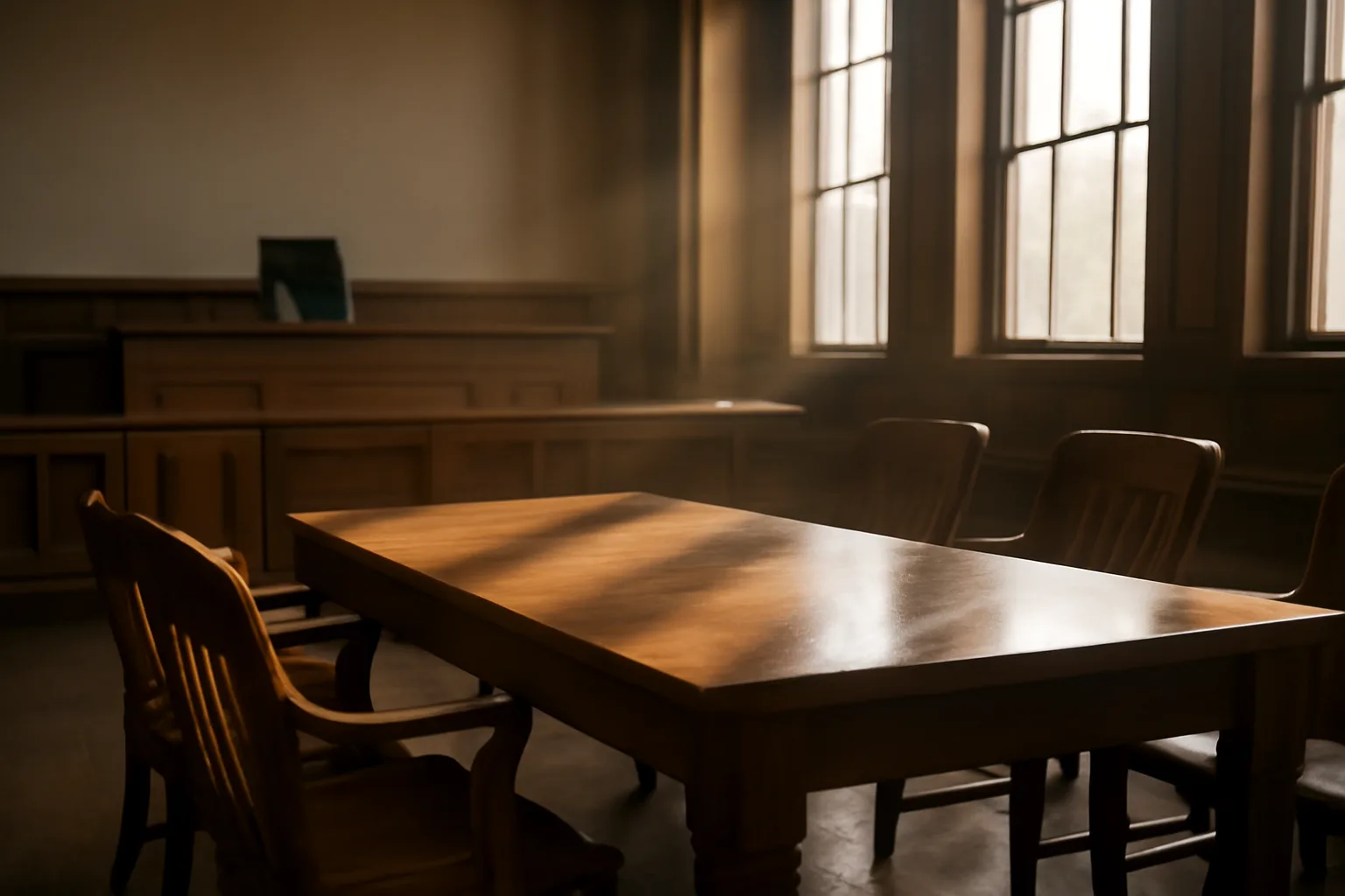Empty California courtroom chairs used by a court interpreter