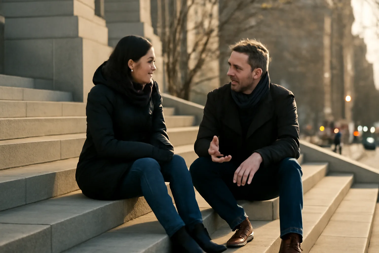 Two people talk on Denver courthouse steps about court interpreter work