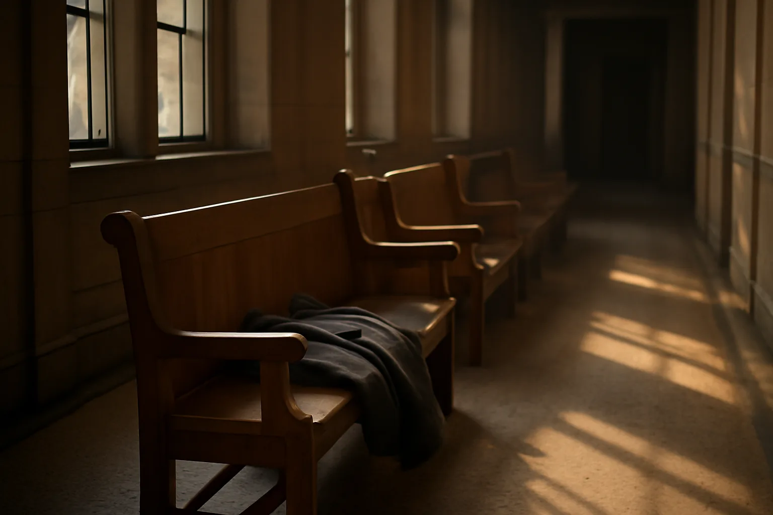 Sunlit empty benches in a Hartford courthouse corridor for interpreters