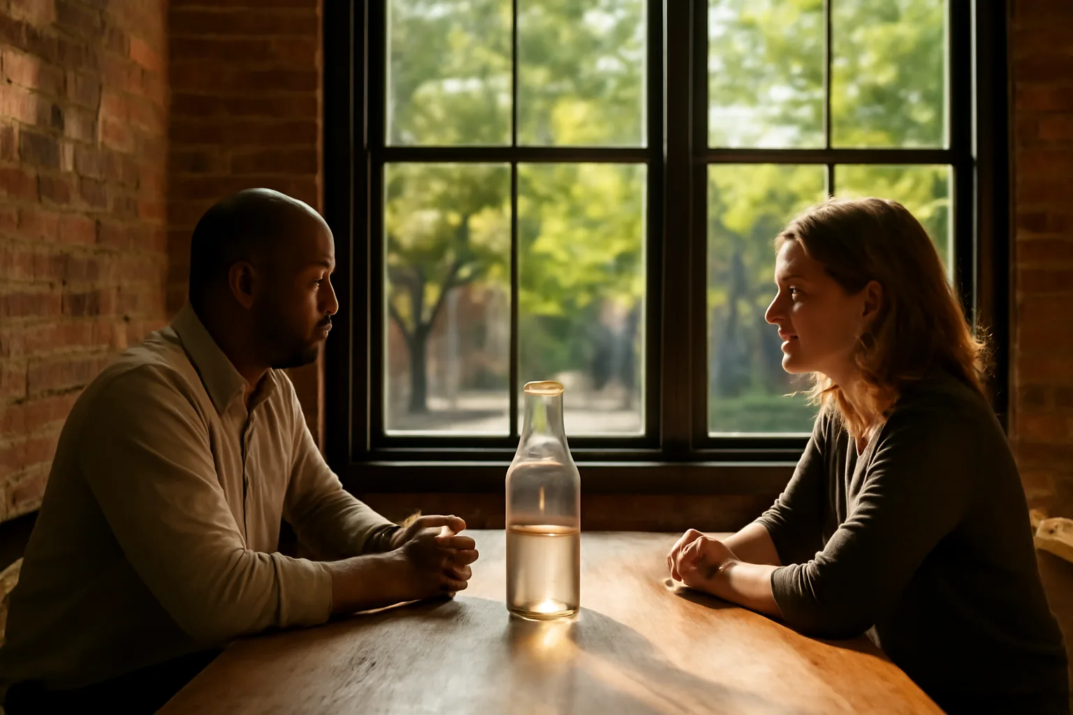 Two adults converse across a table about Delaware court interpreting