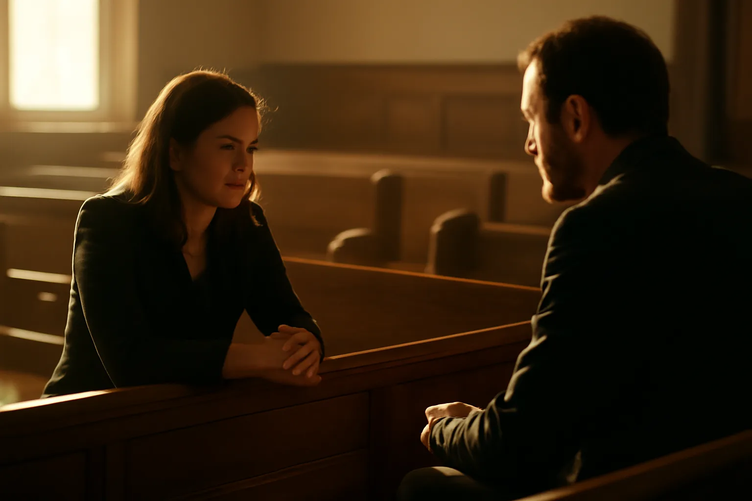 Two people discuss court interpreter work in a sunlit Florida courtroom