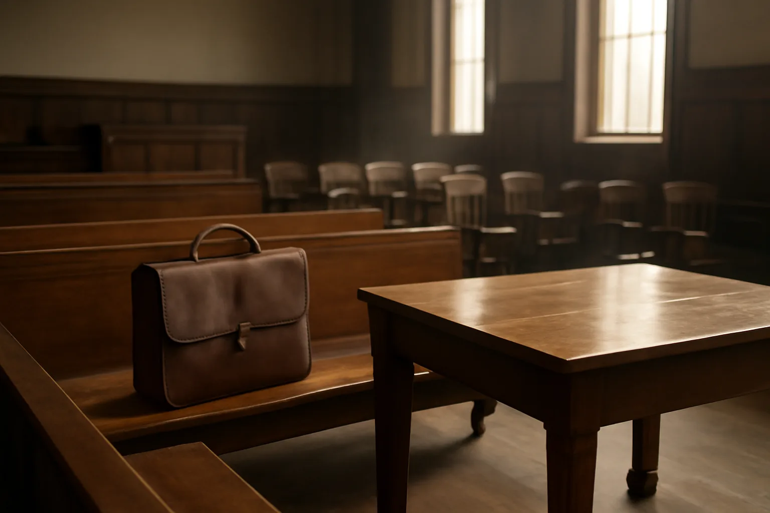Sunlit empty Atlanta courtroom for Georgia court interpreter work