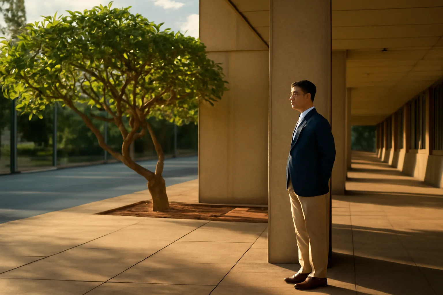 Court interpreter waiting in afternoon light outside a Honolulu civic building