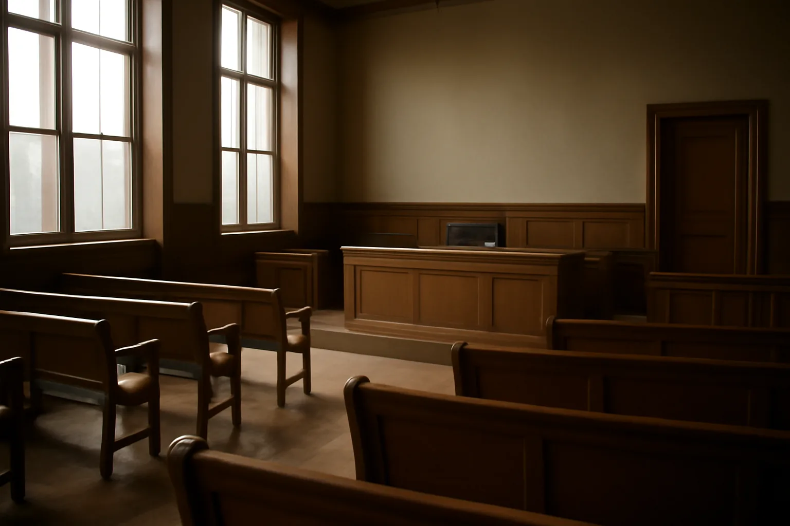 Empty Alaska courtroom with wooden bench and morning light through windows