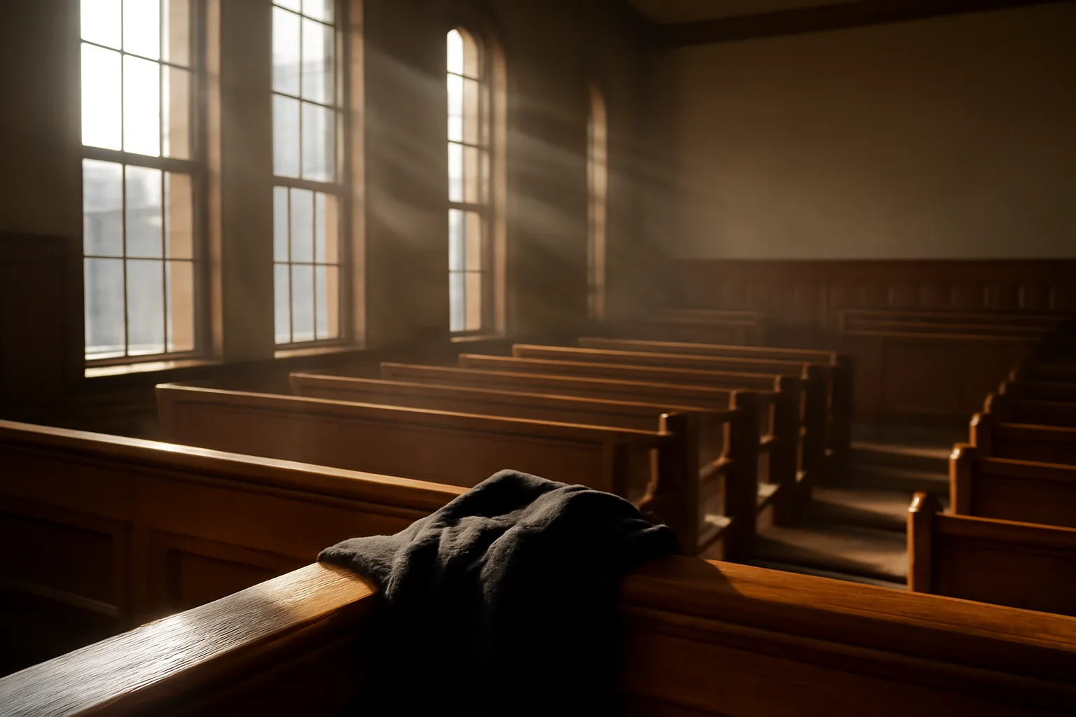 Empty Denver courtroom benches in morning light before interpreter work