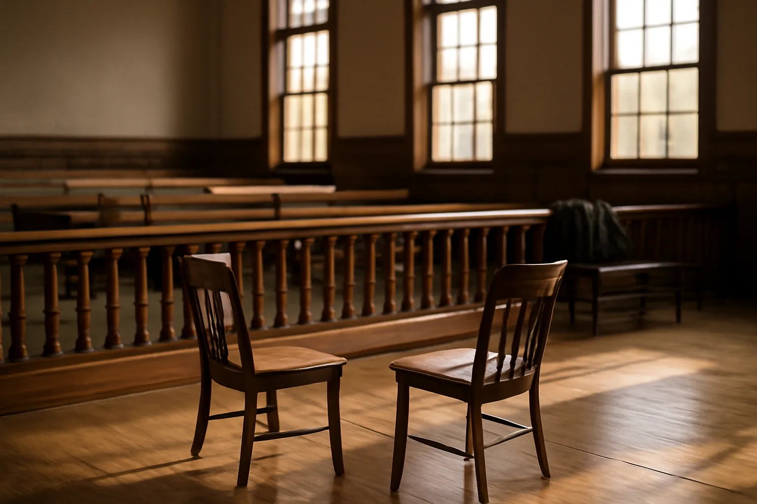 Empty Connecticut courtroom chairs waiting for a court interpreter