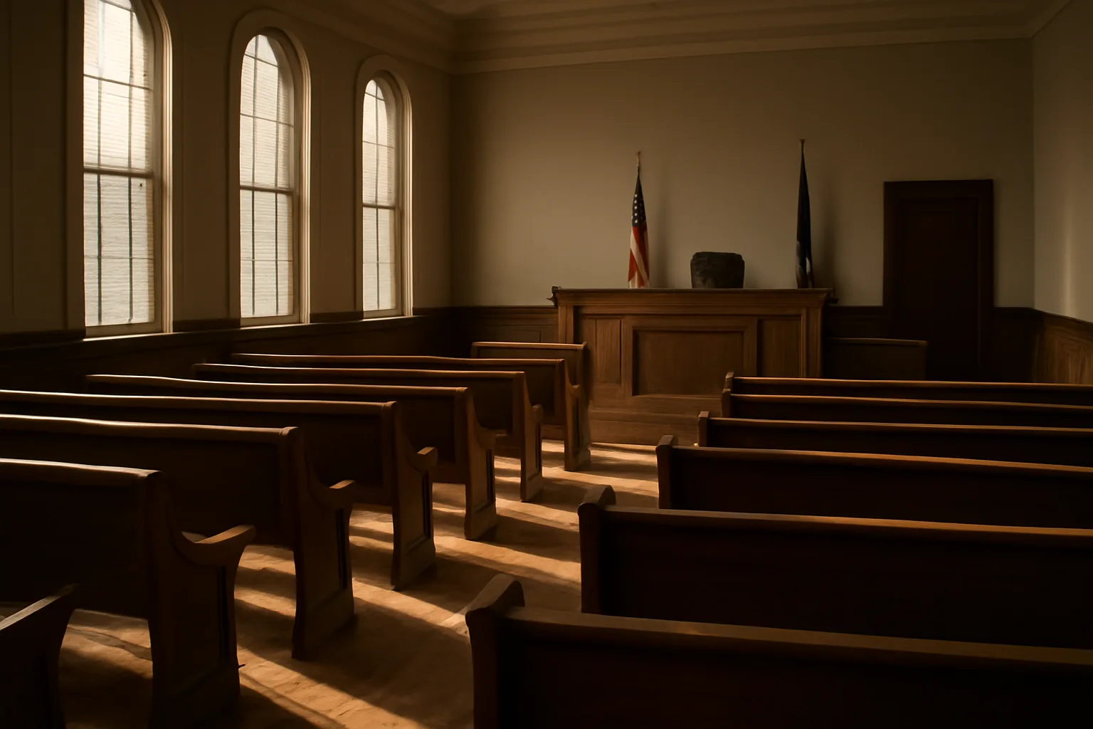 Empty Alabama courthouse courtroom with afternoon light through tall windows