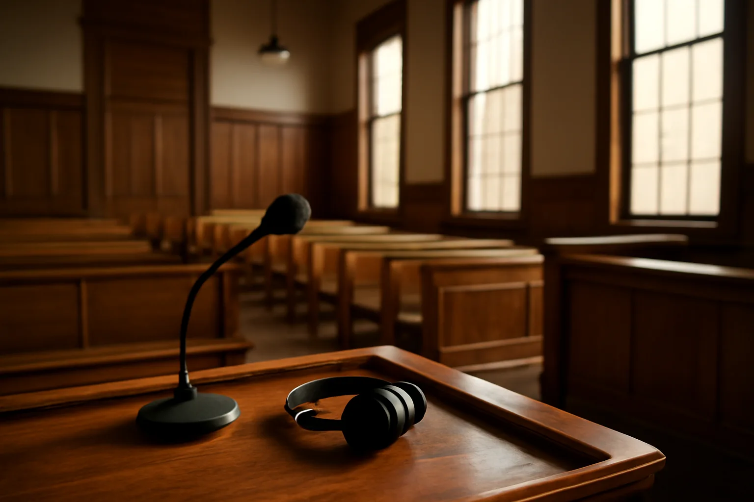 Empty Alaska courthouse interior with microphone and headset on witness table