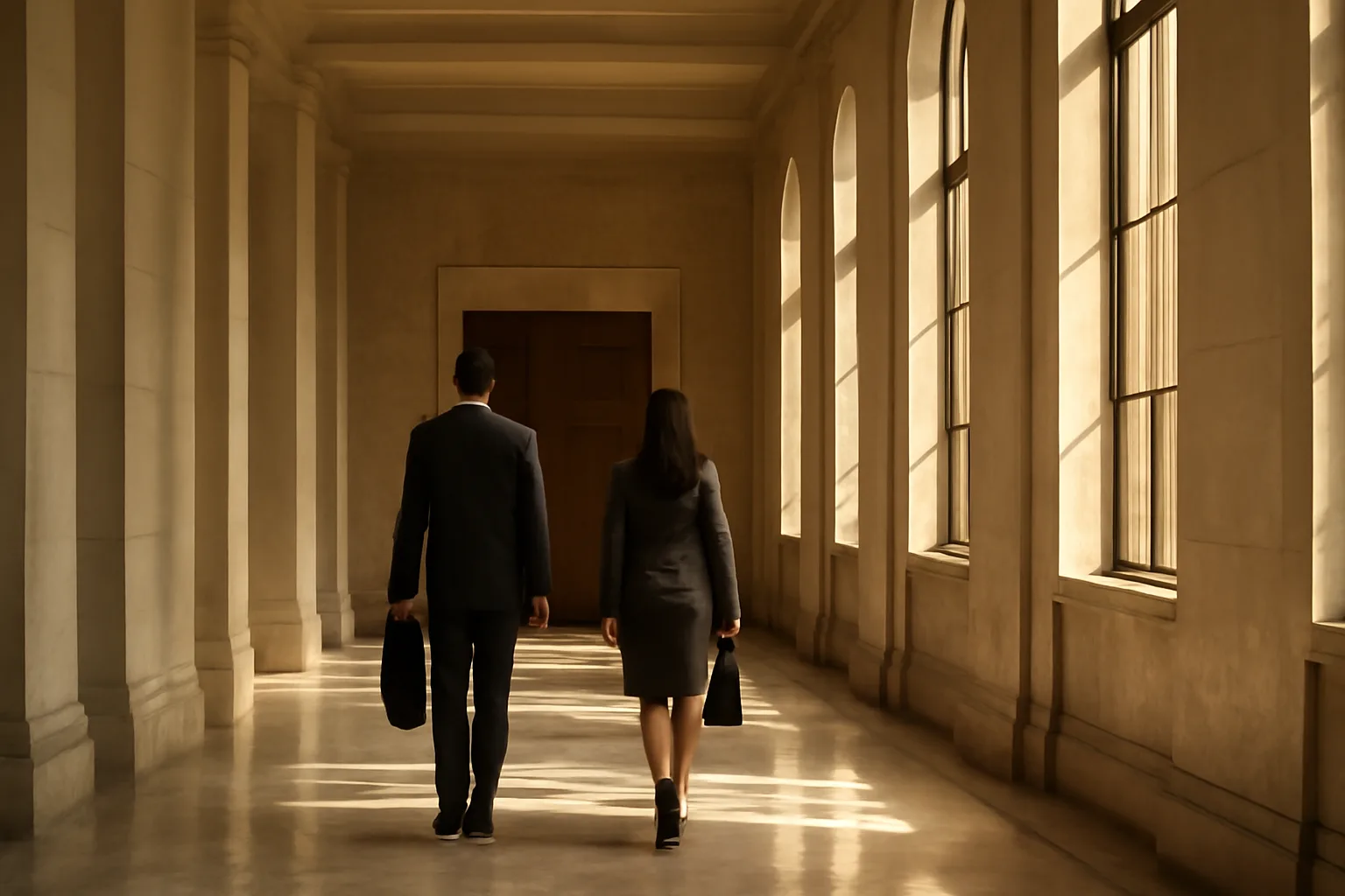 Marble courthouse corridor in Phoenix with professionals walking toward courtroom