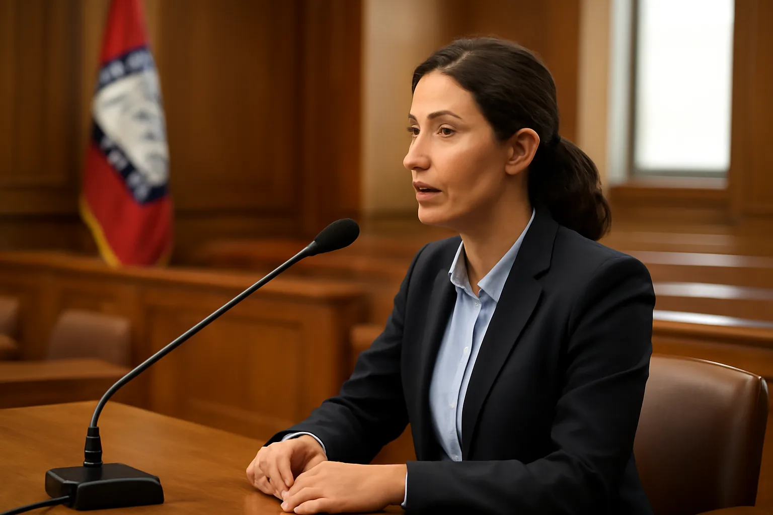 Court interpreter speaking at a microphone in an Arkansas courtroom