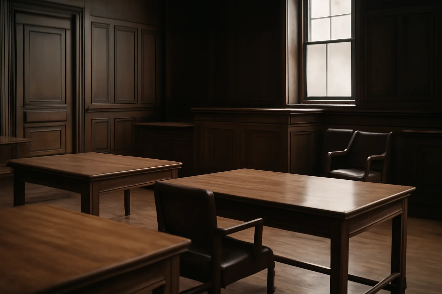 Empty Hartford courtroom where a court interpreter would stand