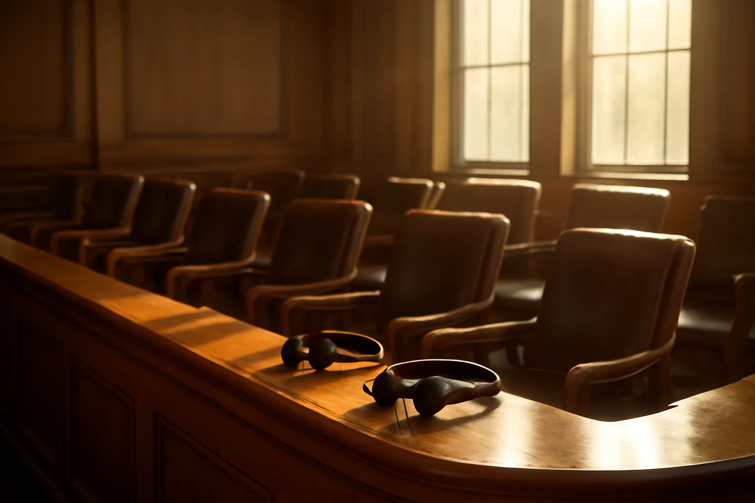 Court interpreter headsets on an oak rail in an empty Florida courtroom