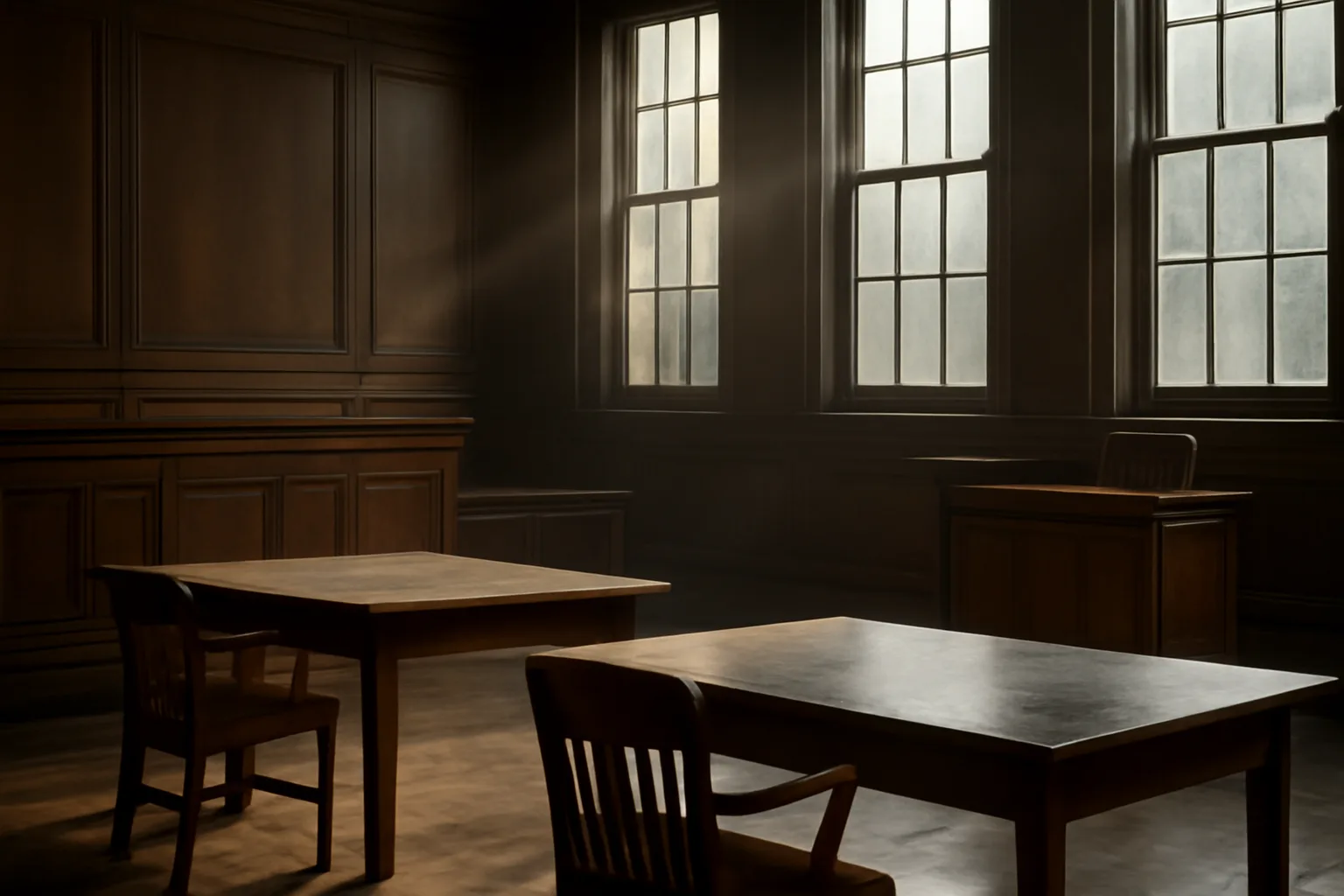 Empty Georgia courtroom with witness chair in morning light