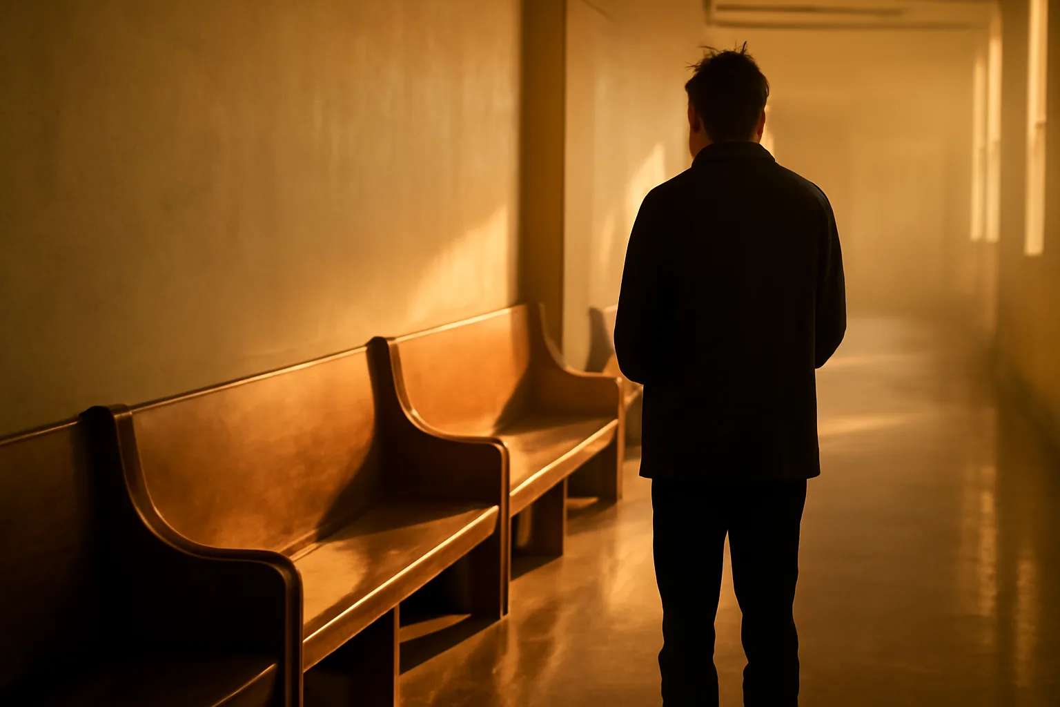 Person waiting in a Honolulu courthouse hallway before interpreting work