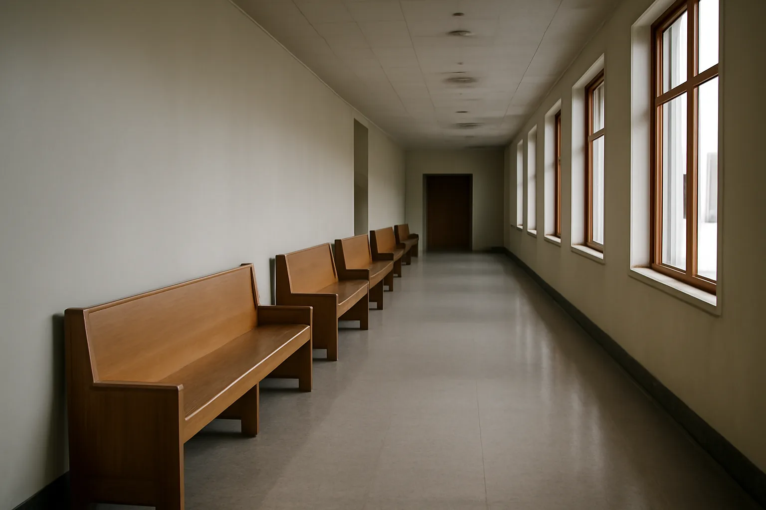 Empty Alaska courthouse hallway with wooden benches in winter afternoon light