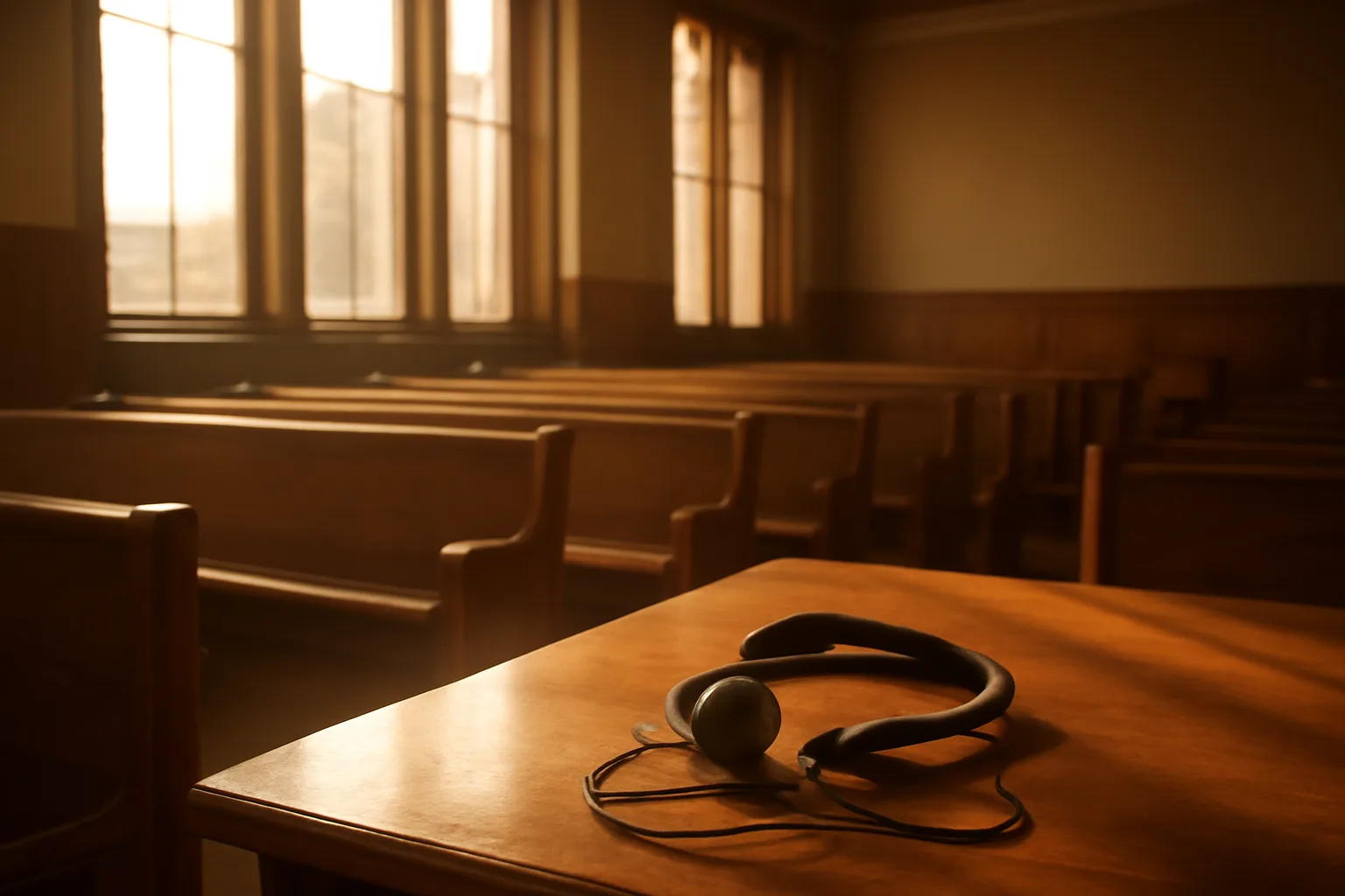 Court interpreter headset on a bare table in an empty Denver courtroom