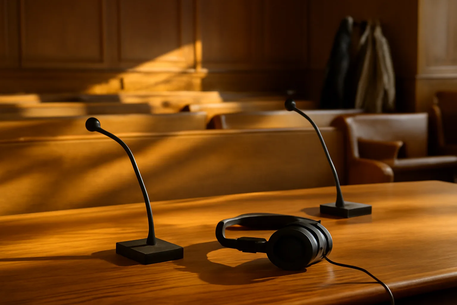 Court interpreter headset on a bench in an empty Hartford courtroom