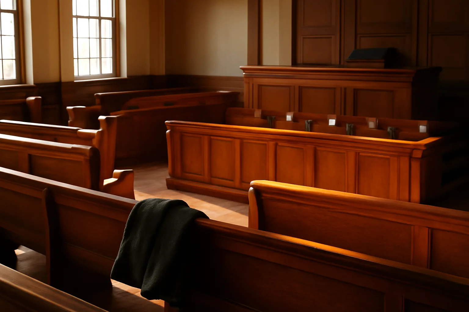 Empty Delaware courtroom benches in late light before interpreter work