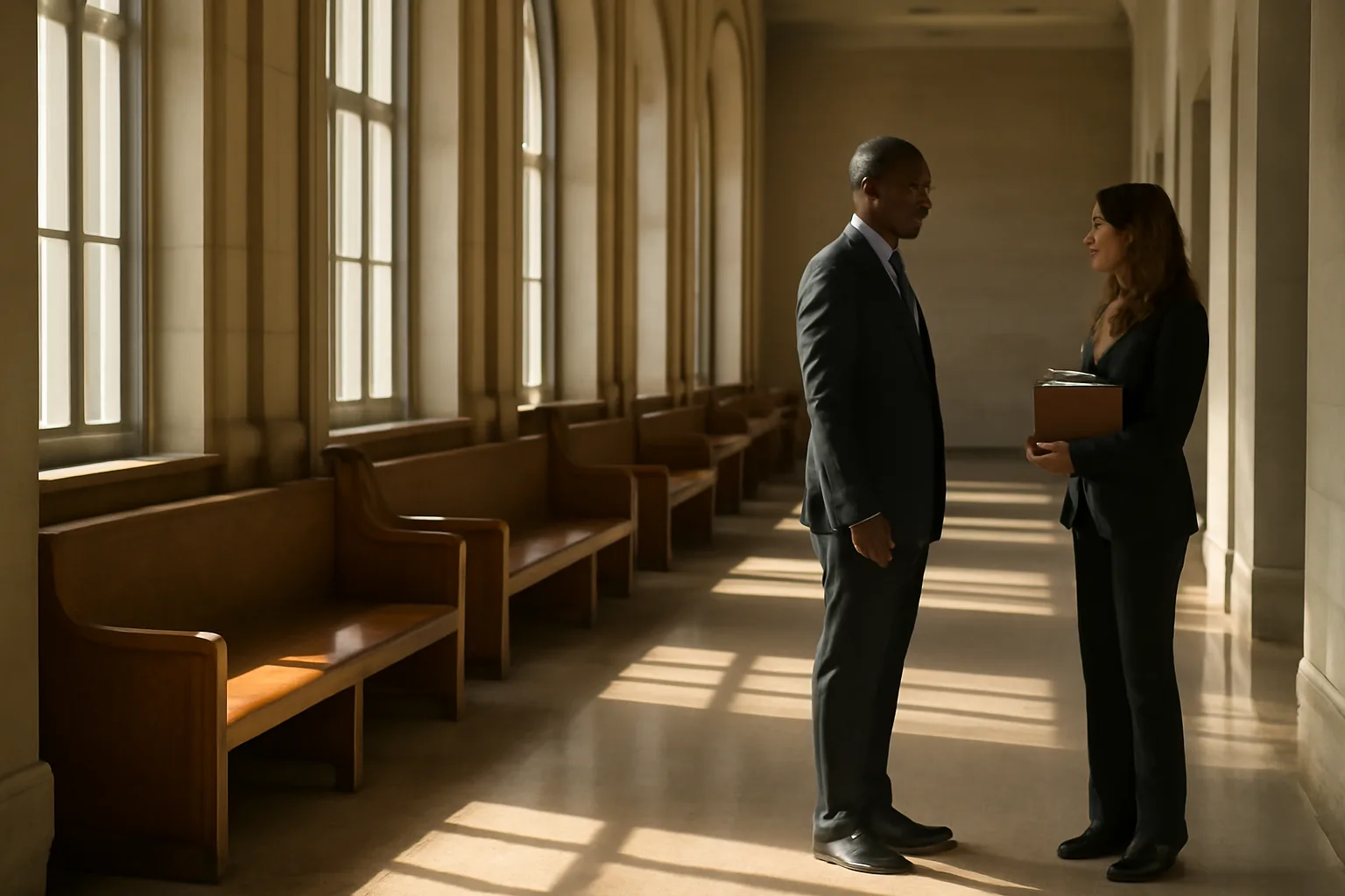 Two adults talking in an Atlanta courthouse hallway about interpreter renewal