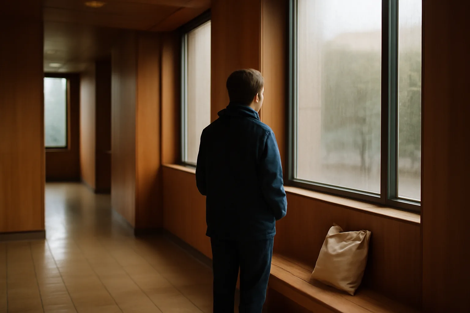 Court interpreter waiting in a Honolulu courthouse hallway before a hearing