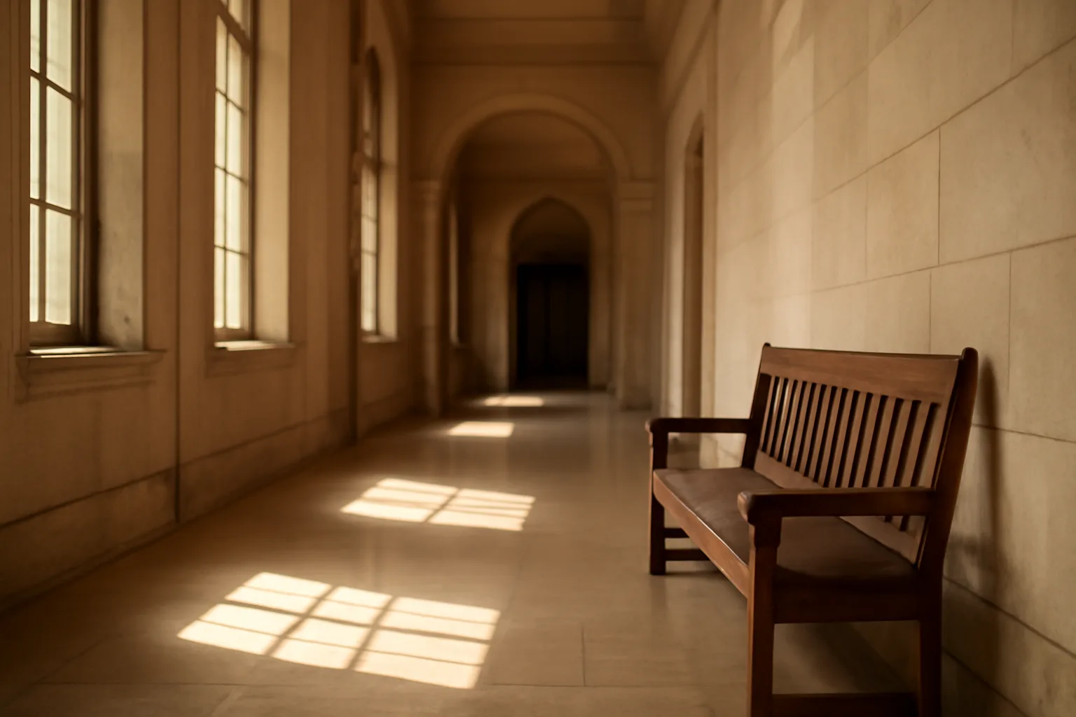 Empty courthouse hallway with wooden bench and natural afternoon light, Alabama court setting