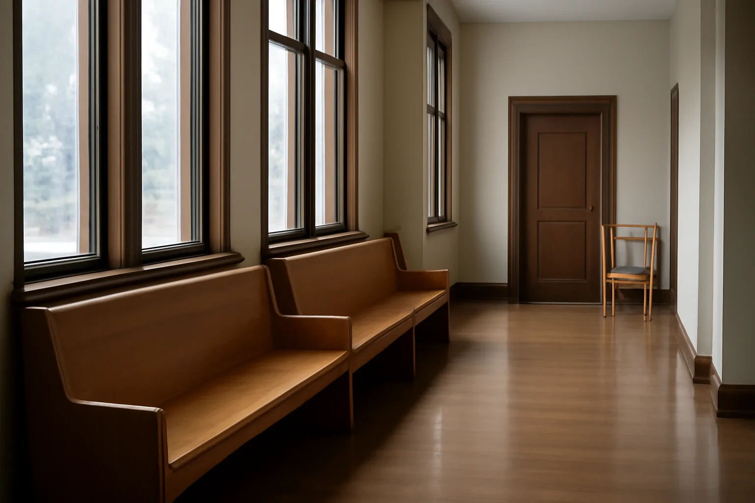 Empty Alaska courthouse hallway with snow visible through tall windows