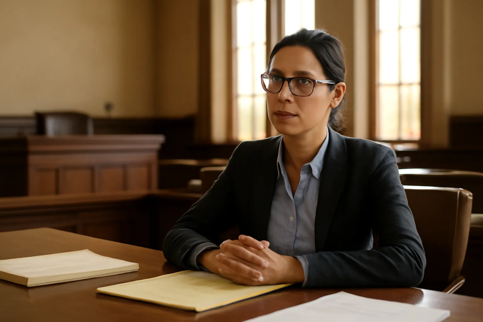 Court interpreter seated at table inside an Arizona courtroom in afternoon light