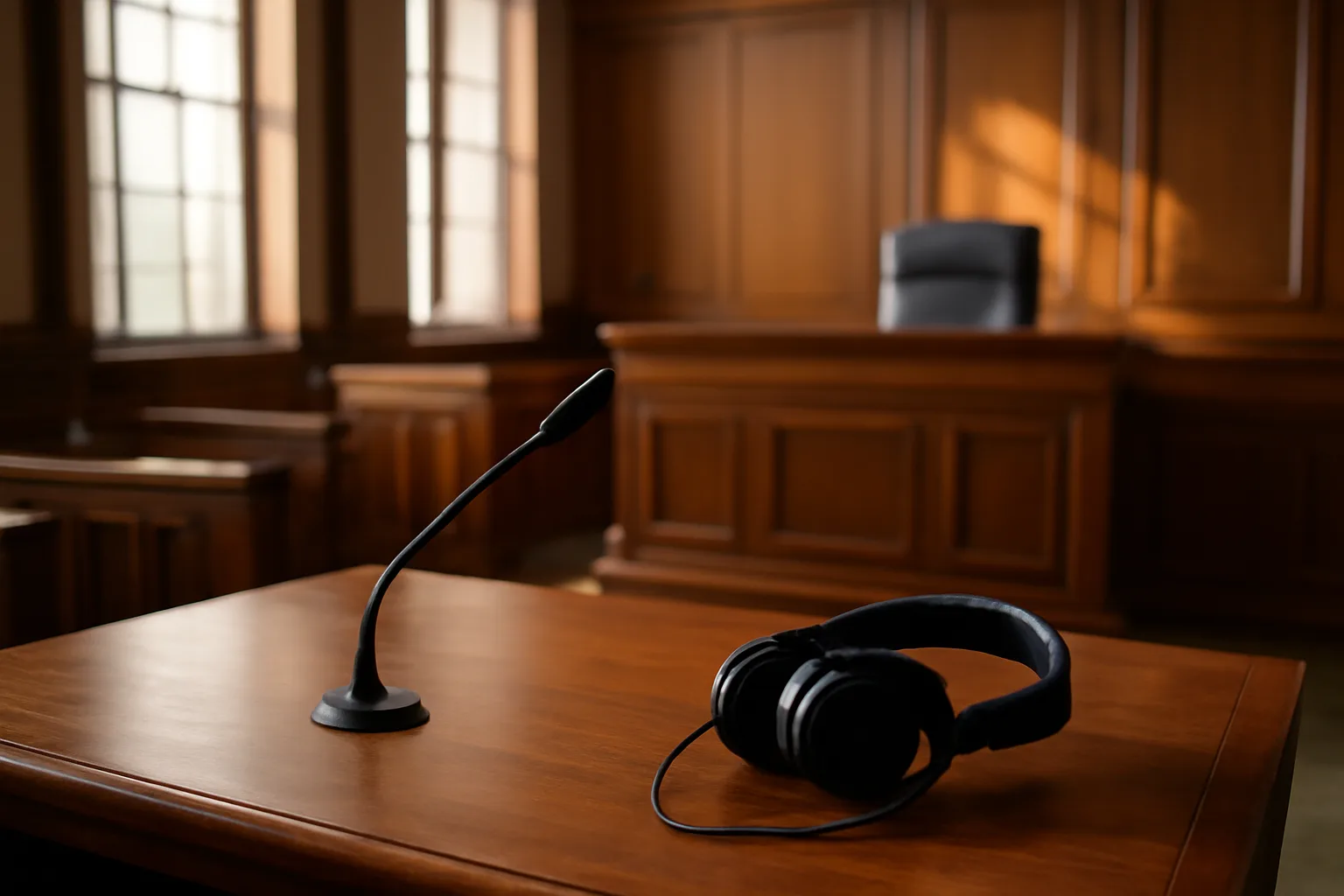 Court interpreter workspace in an Arkansas courtroom with headphones and microphone
