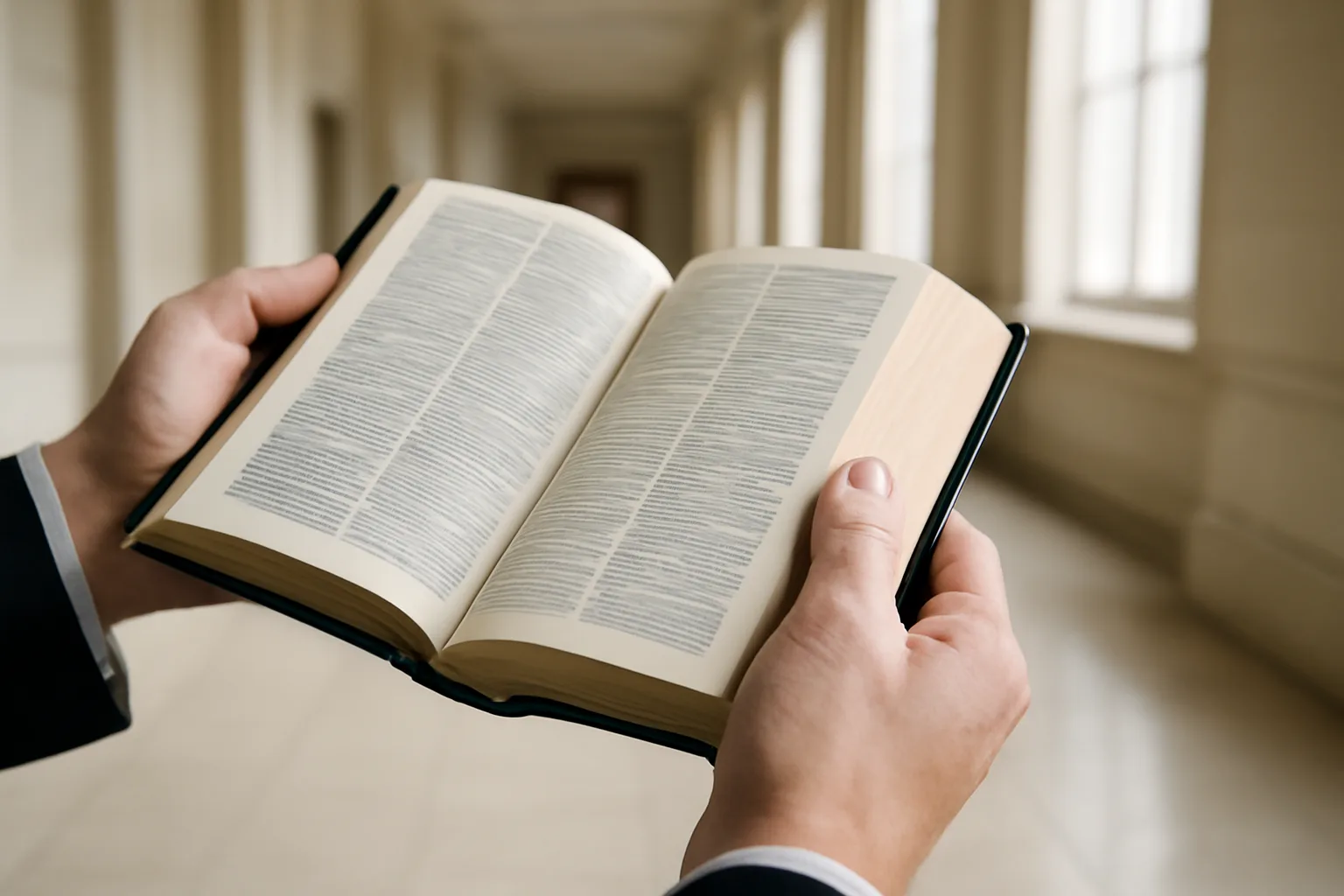 Court interpreter preparing with dictionary in California courthouse hallway