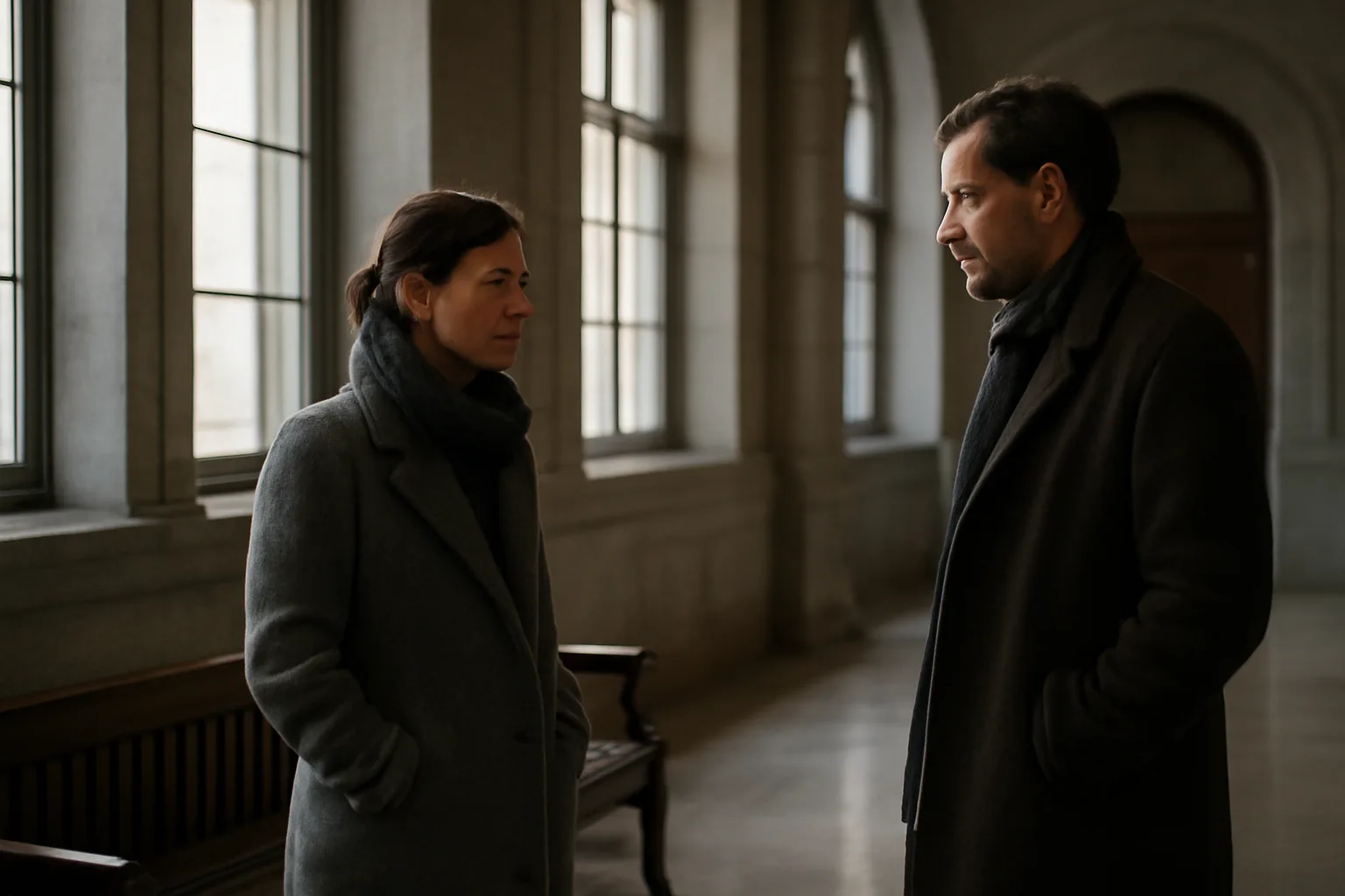Two adults talking in a Connecticut courthouse lobby before interpreting