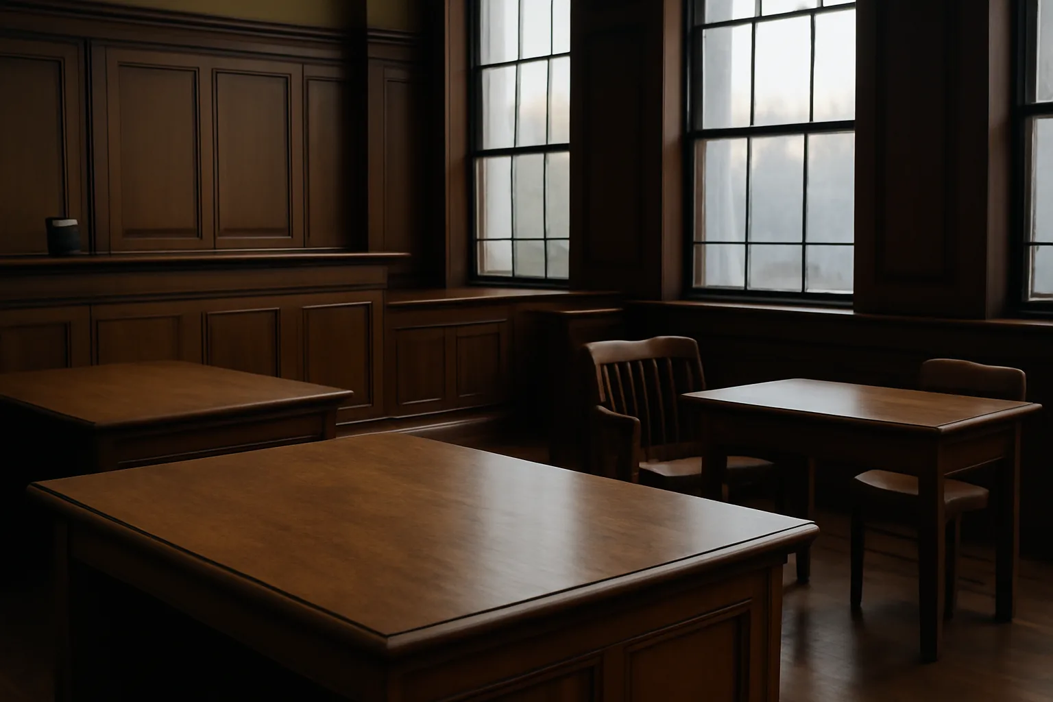 Empty Delaware courtroom with a vacant interpreter chair beside the witness seat