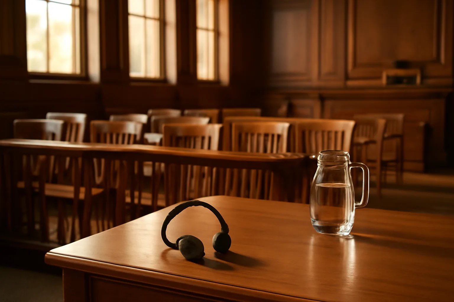 Empty Florida courtroom with an interpreter headset on oak